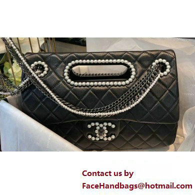 Chanel Leather Pearls  &  Silver-Tone Metal Large Flap Bag with Top Handle AS4221 Black 2023